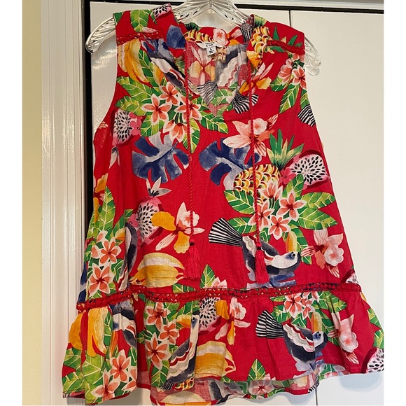crown & ivy Tops - Crown & Ivy Sleeveless Top | Large | Tropical, Floral, Fun, Ruffles, Pom Pom